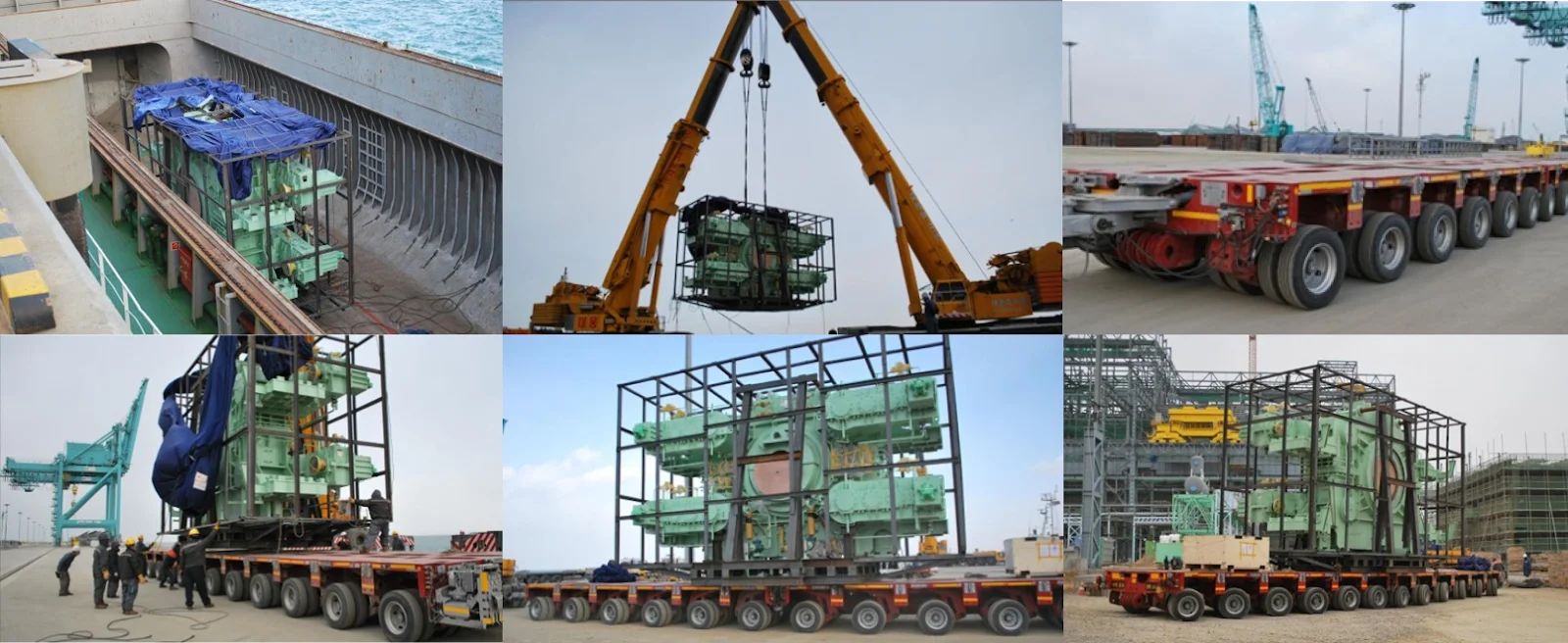 조선소에서 선박 엔진 부품을 옮기는 과정 모습