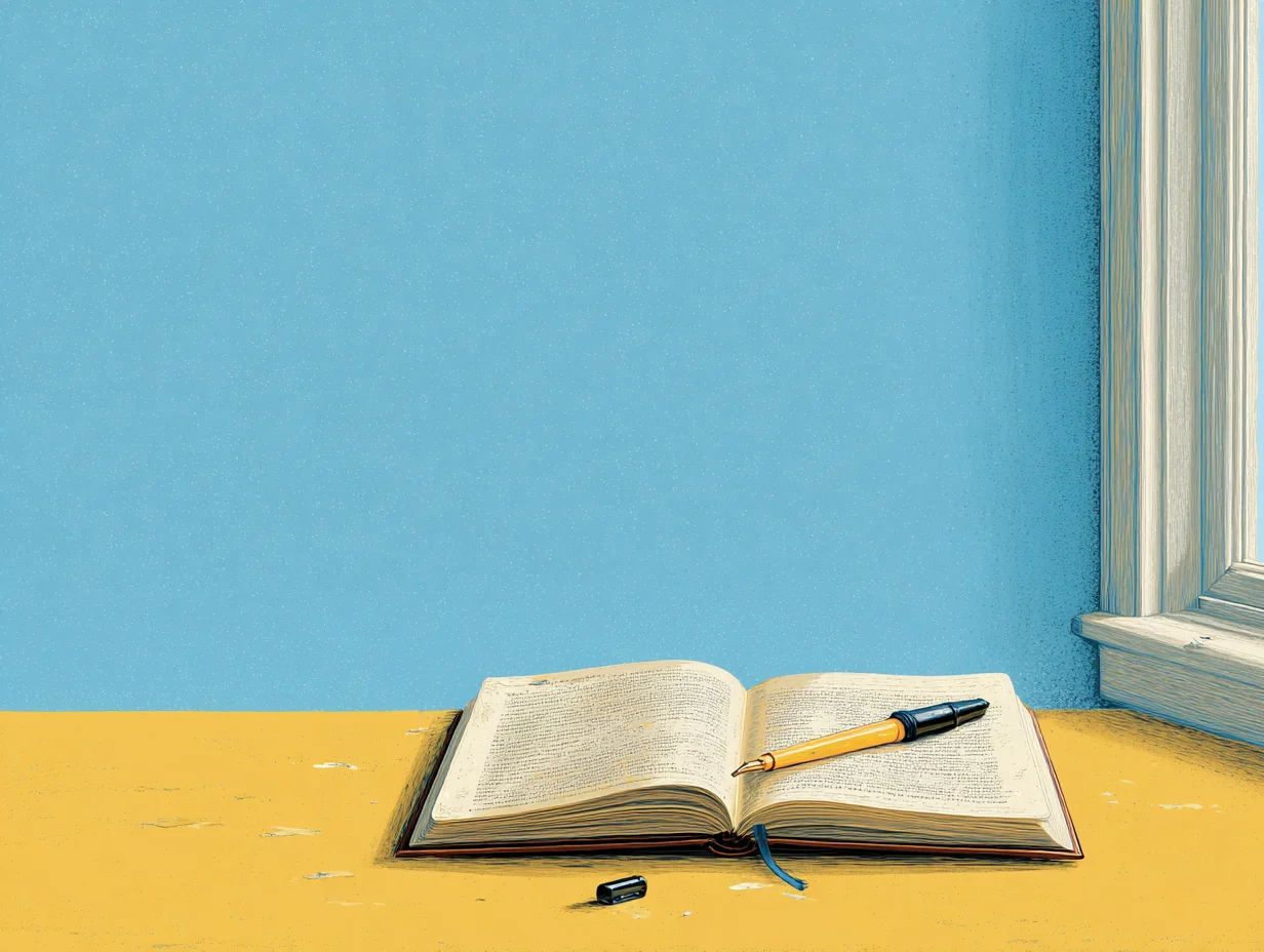 불안을 완화하기 위해 간단한 기록을 하는 저널링 장면. 책상 위 노트와 펜