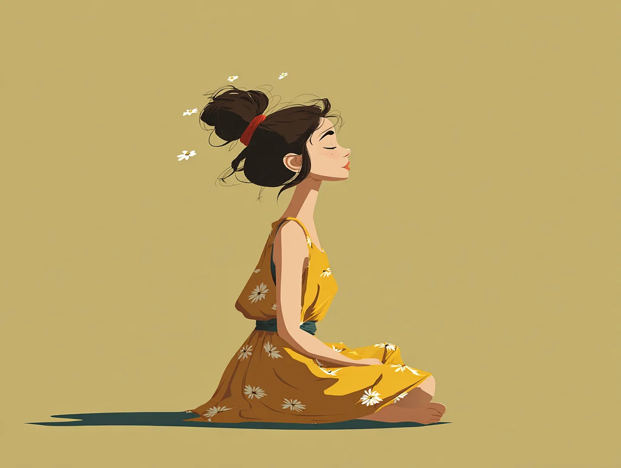 불안할 때 호흡법을 실천하는 여성의 차분한 모습. 4-4-6 호흡으로 긴장을 완화하는 장면.