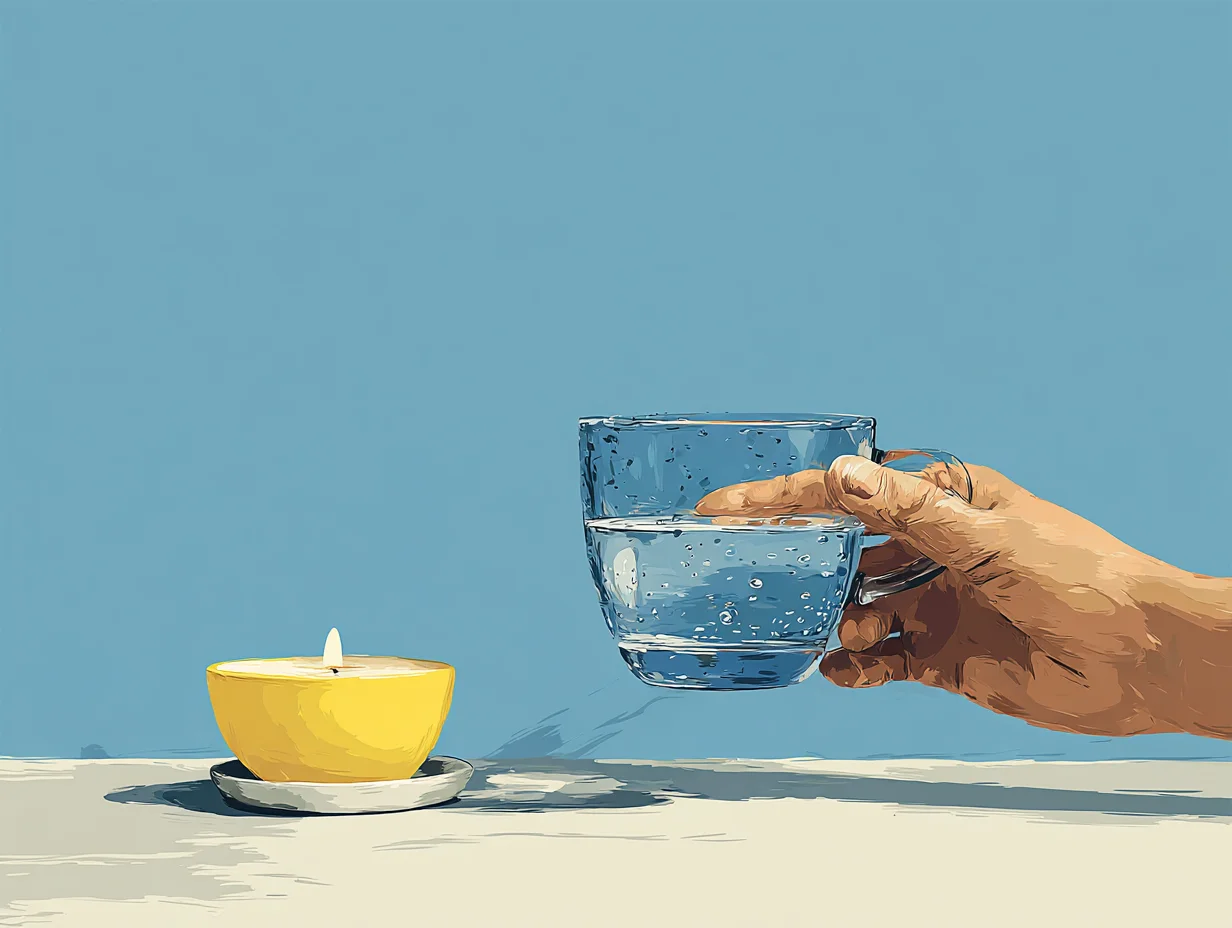 화났을 때 감각 전환을 통해 분노를 가라앉히는 습관. 물 한 잔과 향기로 진정을 돕는 장면.