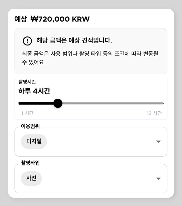 모델 섭외 플랫폼 스포트라이트 예상 견적 화면, 촬영 시간과 이용 범위를 설정하는 인터페이스
