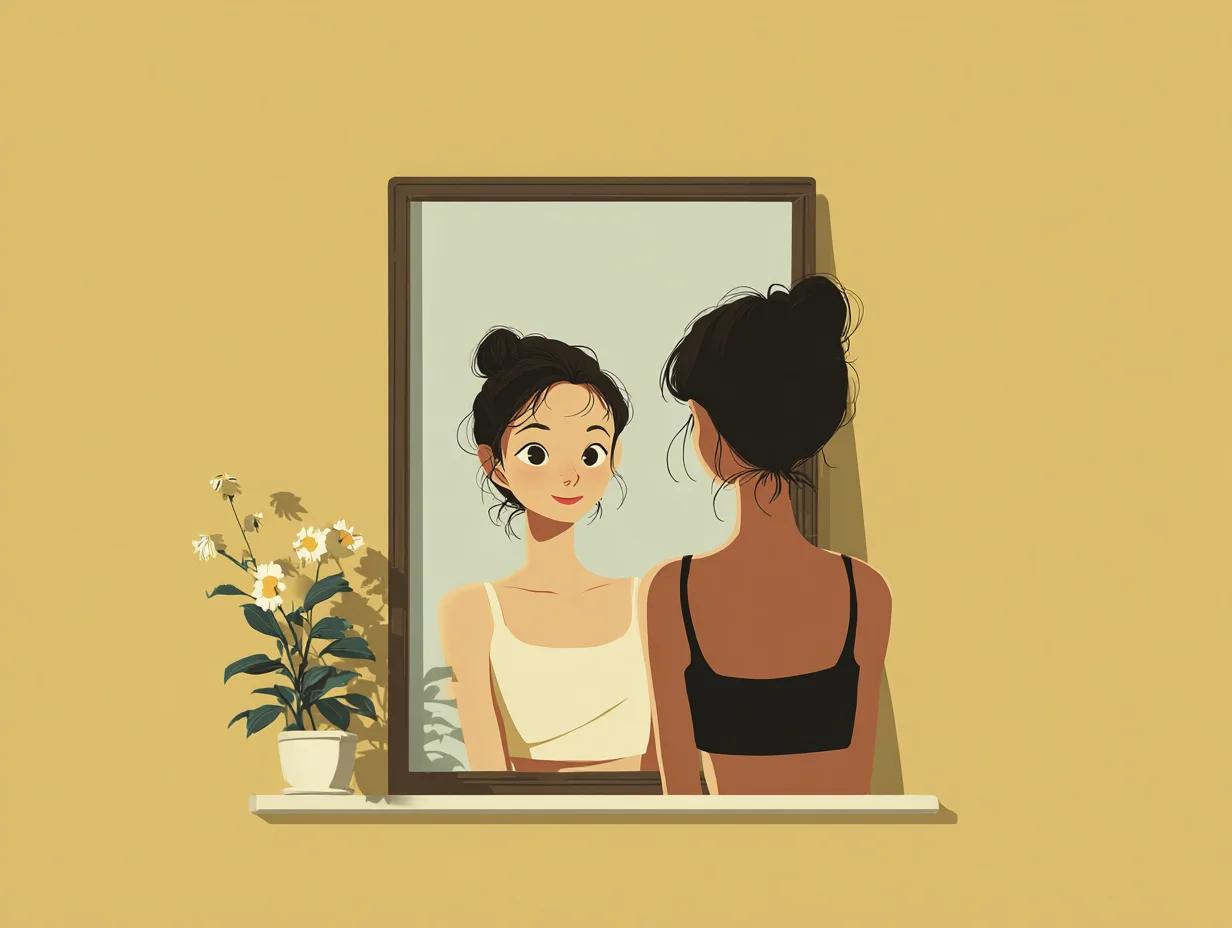 거울 앞에서 긍정 확언을 말하며 하루를 준비하는 차분한 아침 루틴 장면.