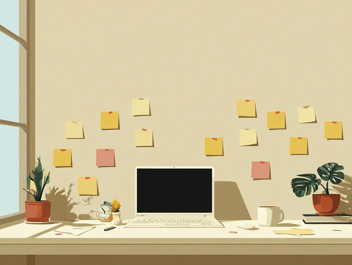 책상 위에 붙여둔 짧은 긍정 확언 메모지로 아침 습관을 만드는 장면.