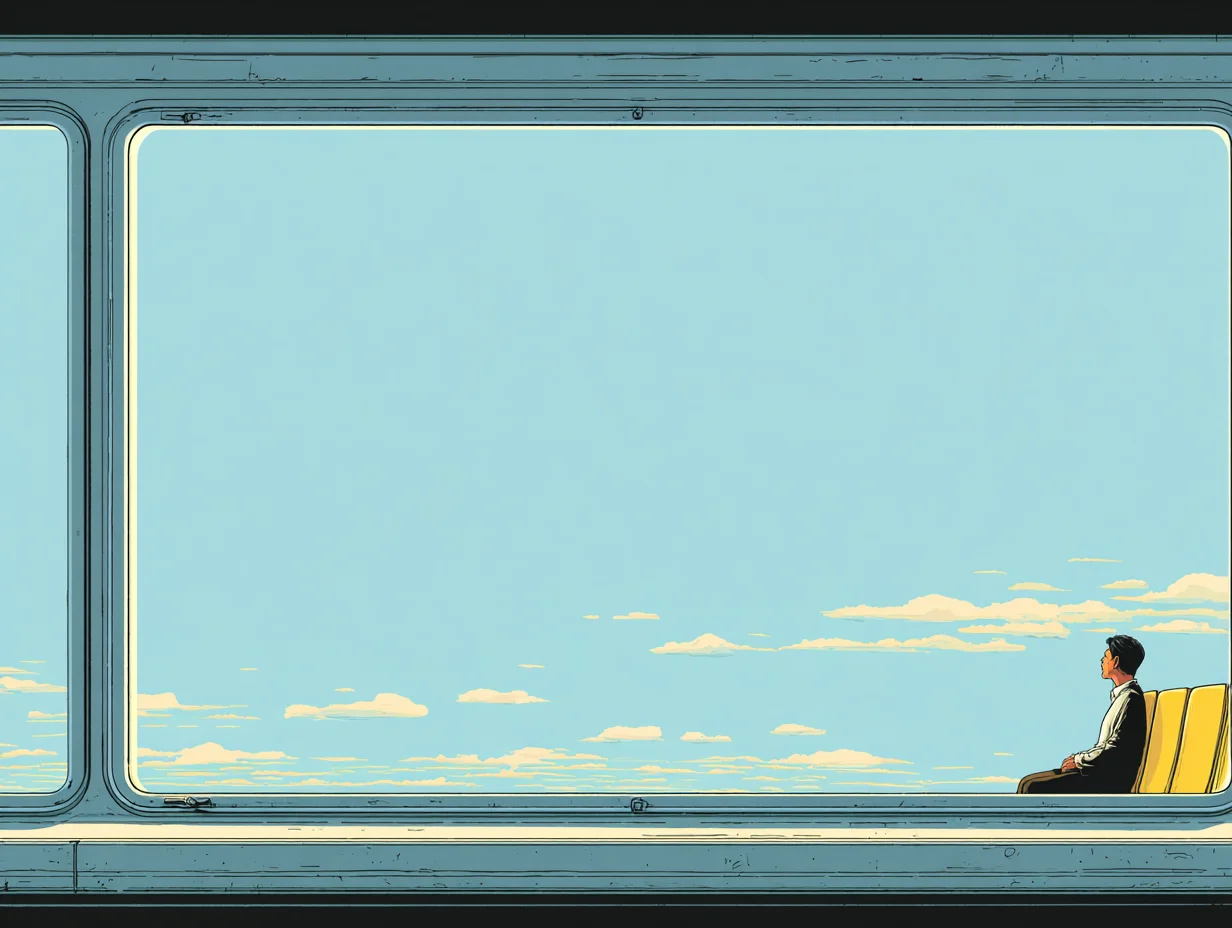 빗소리와 바닷소리 같은 자연의 소리에 둘러싸여 눈을 감고 차분히 긴장을 푸는 장면.