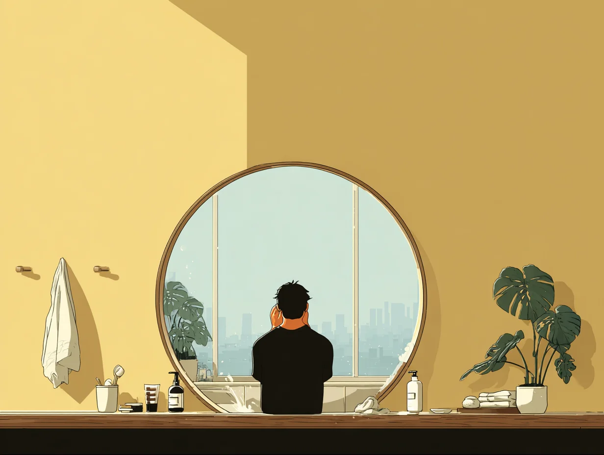 샤워 후 화장실 거울 앞에서 수건을 들고 있는 사람, 피부 보습 루틴을 상징하는 장면.