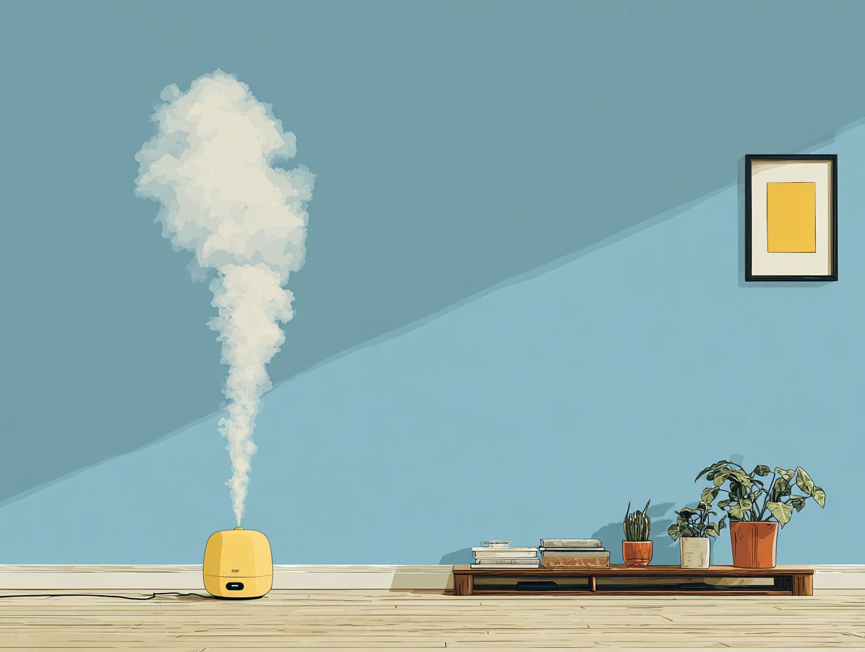 방 안에 작은 가습기에서 부드러운 수증기가 퍼져나가는 장면, 피부 수분 유지를 상징.