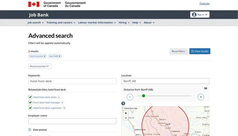 Job Bank Advanced Search 화면