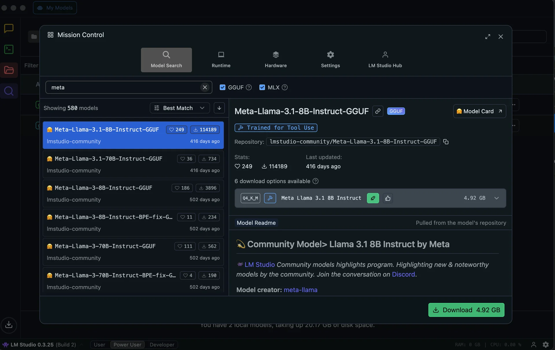 LM Studio 내 meta 검색 화면