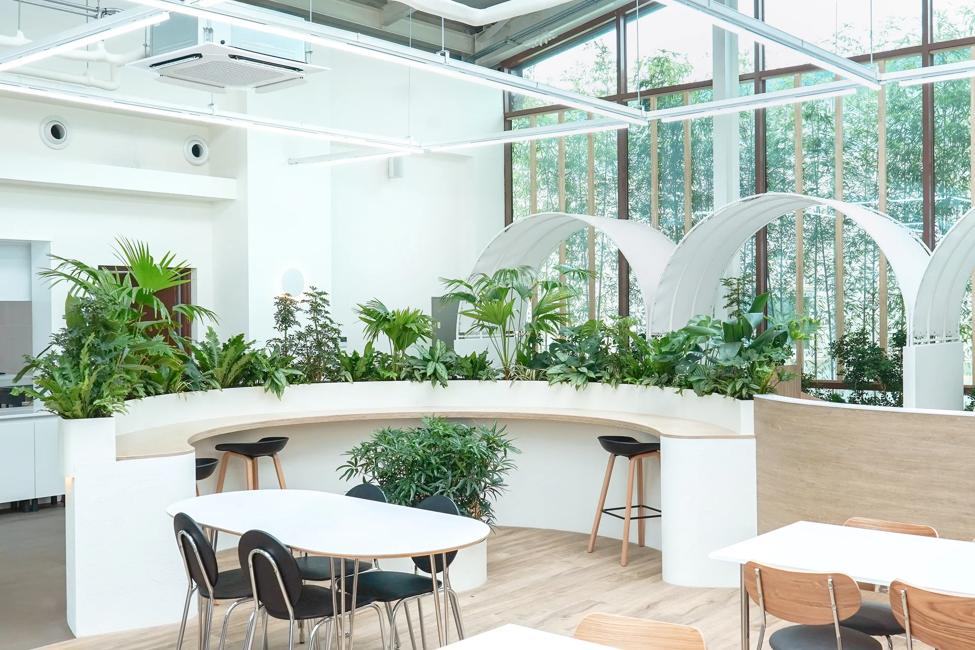 곡선형 플랜트박스로 연출한 라운지 인테리어