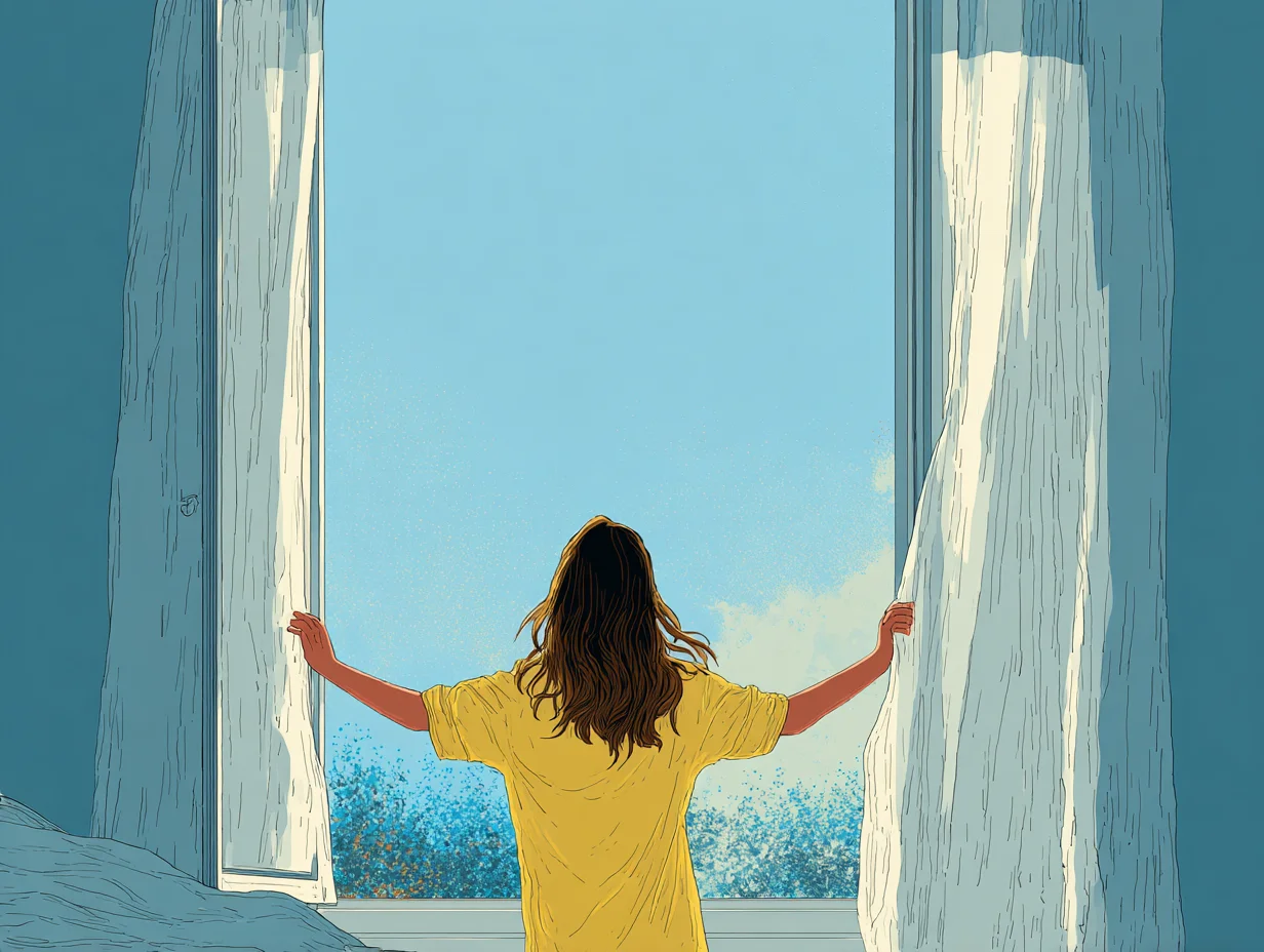 창문을 열고 아침 공기를 마시는 젊은 여성의 모습