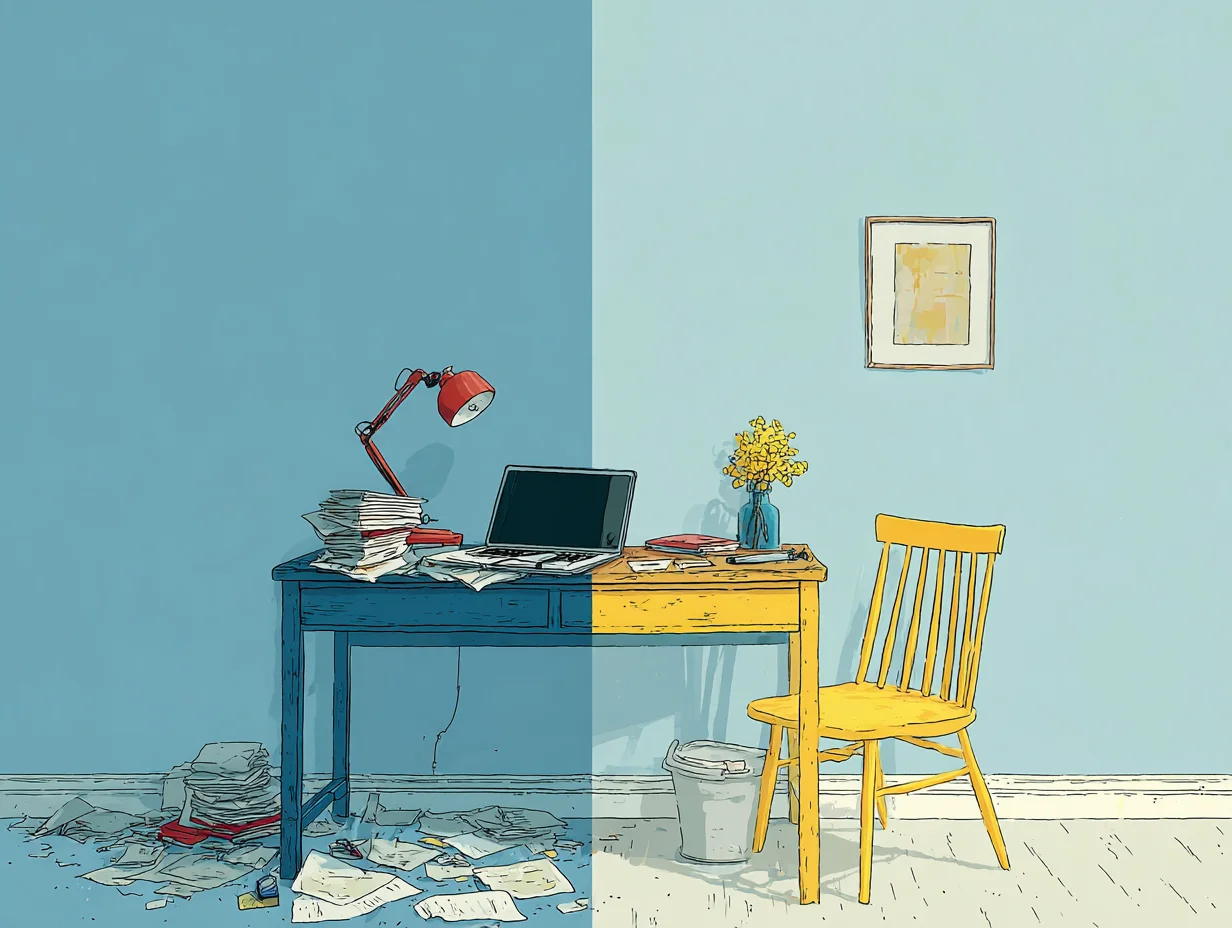 어지럽던 책상이 깔끔하게 정리된 모습