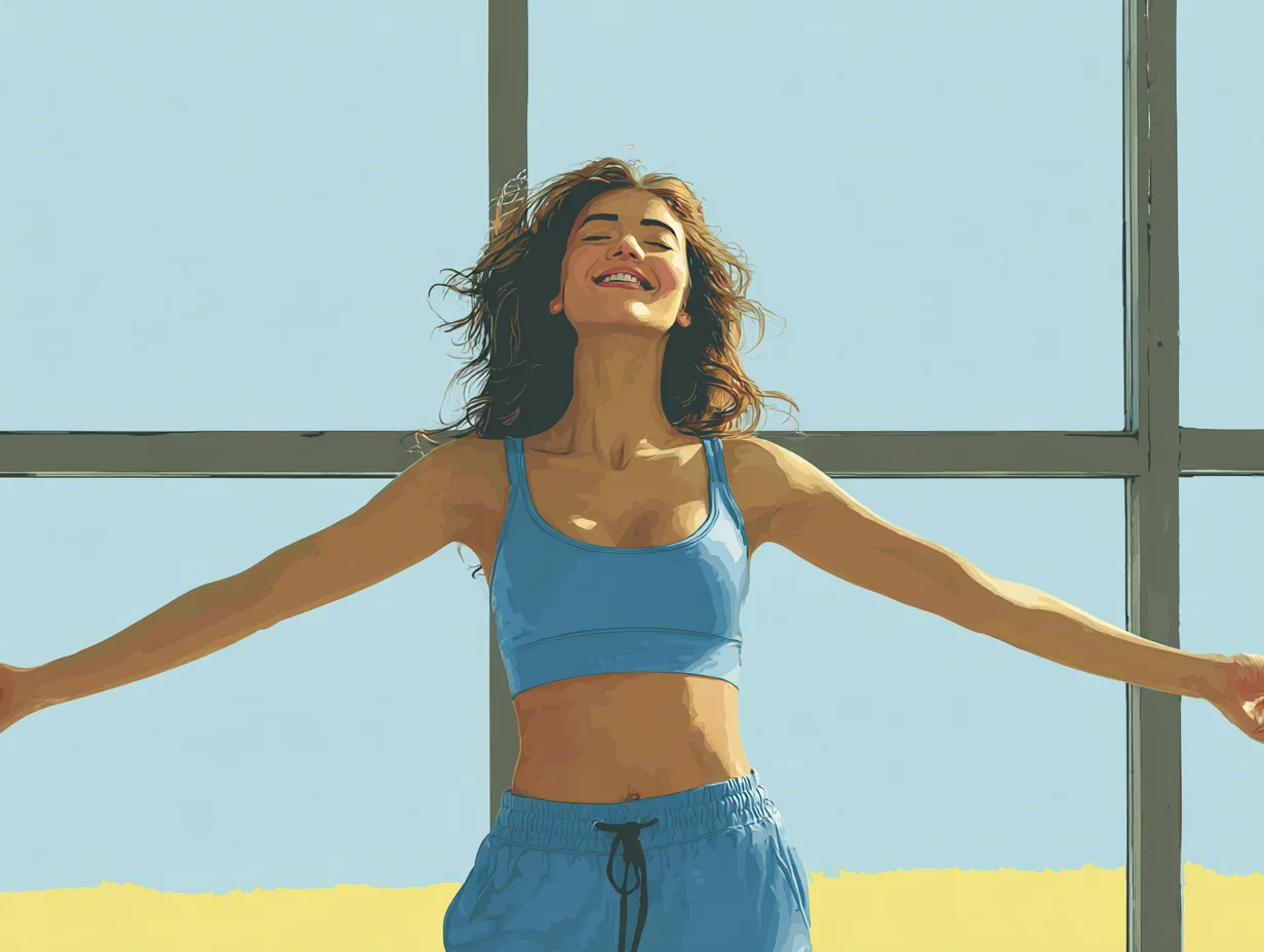 큰 창가에서 아침 햇살을 받으며 기지개를 켜는 여성