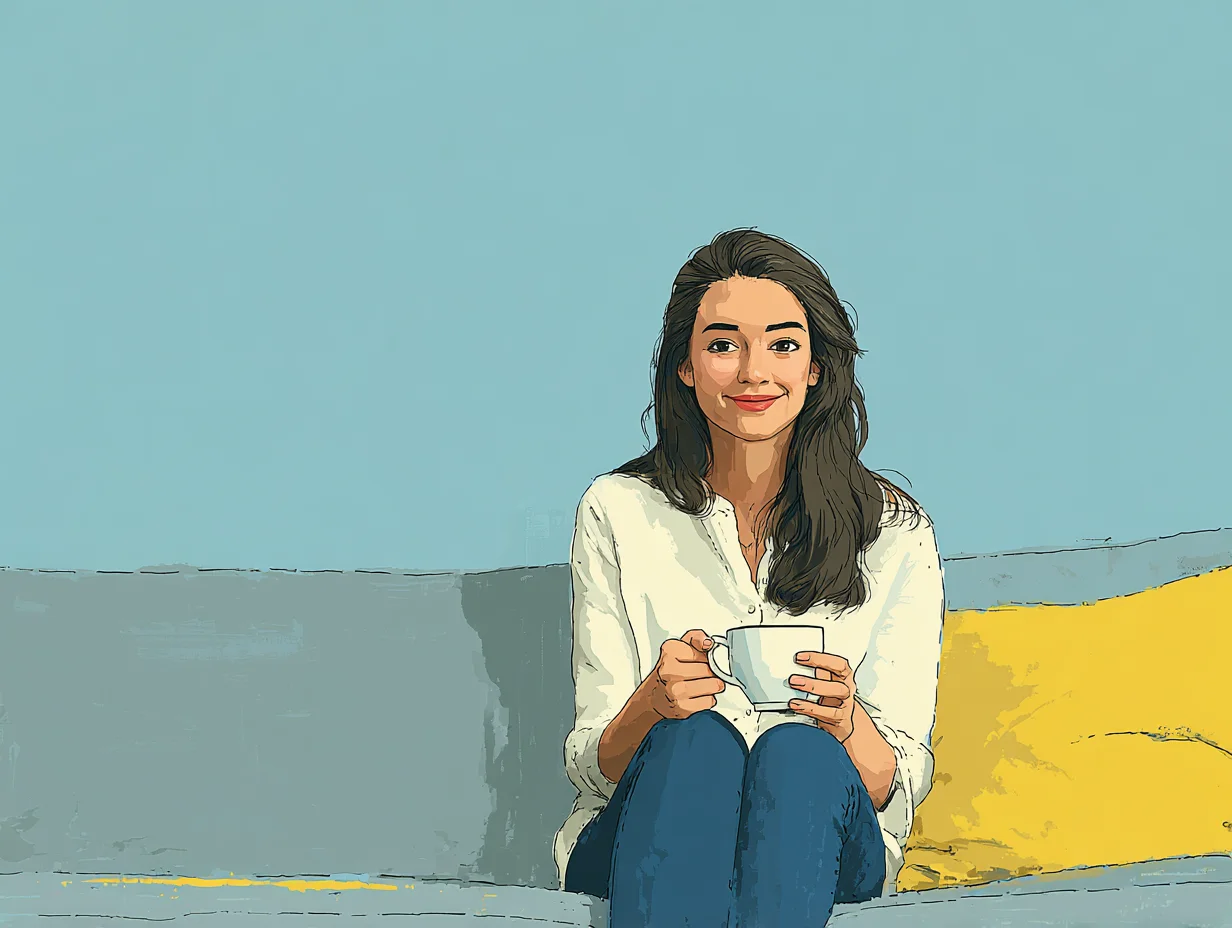 편안히 앉아 미소 지으며 차를 마시는 여성