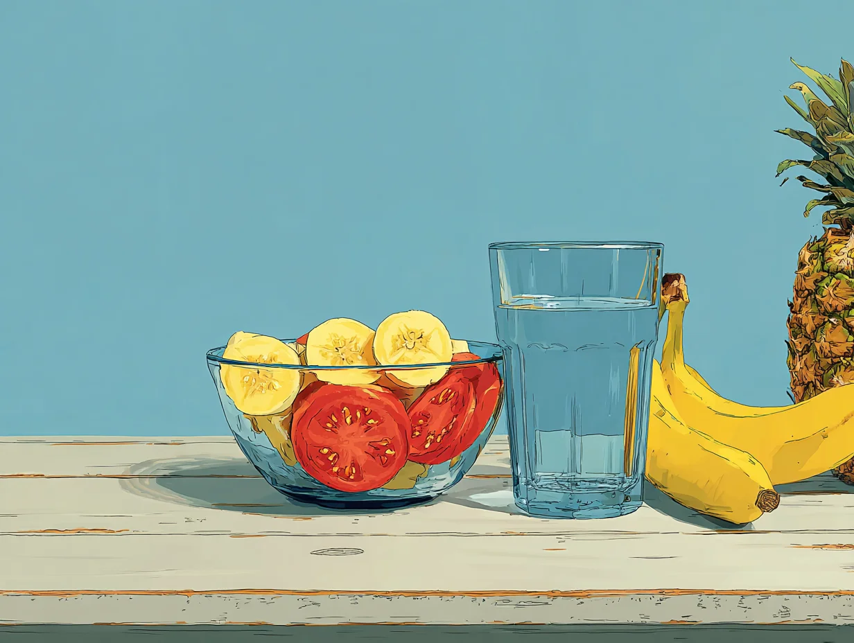 파인애플, 토마토, 바나나가 담긴 볼