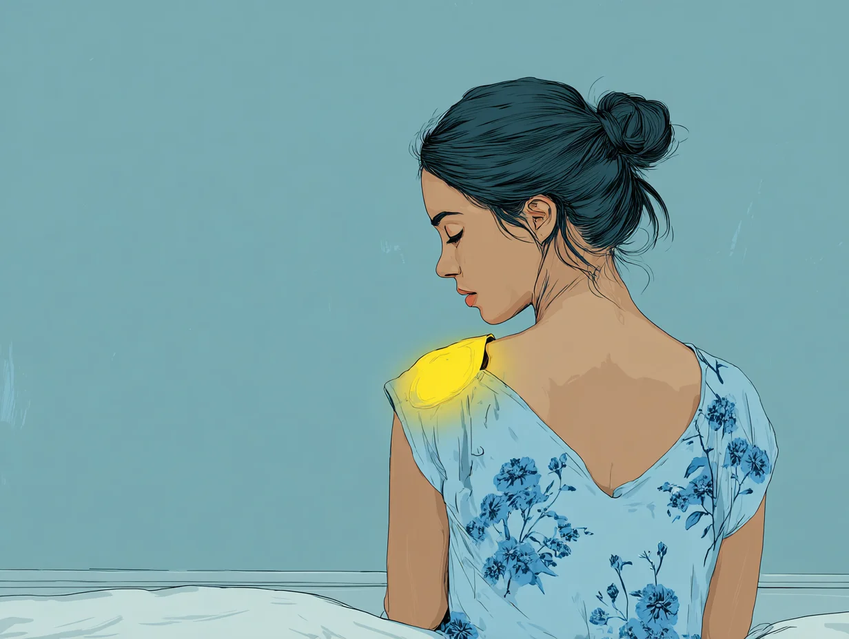 여성 어깨에 올려진 따뜻한 찜질팩