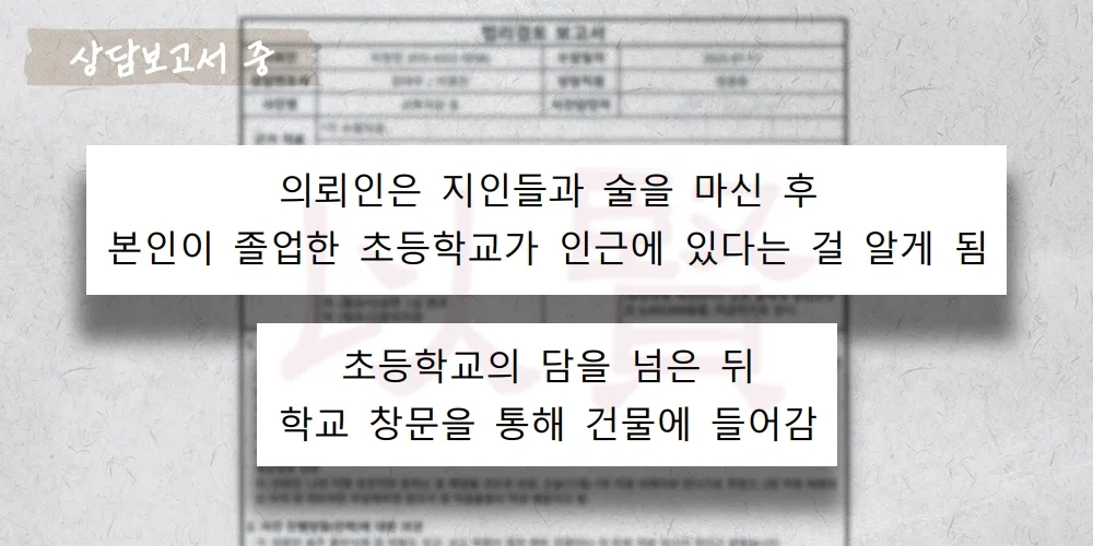 술에 취해 초등학교 들어가 야간건조물침입절도 혐의 상담보고서 중