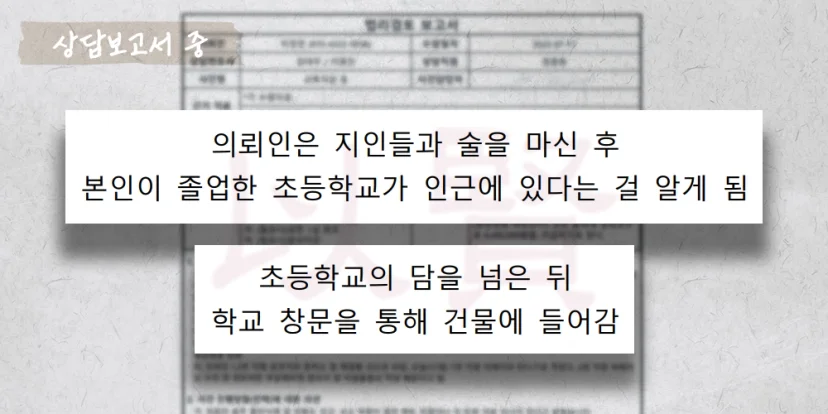 술에 취해 초등학교 들어가 야간건조물침입절도 혐의 상담보고서 중