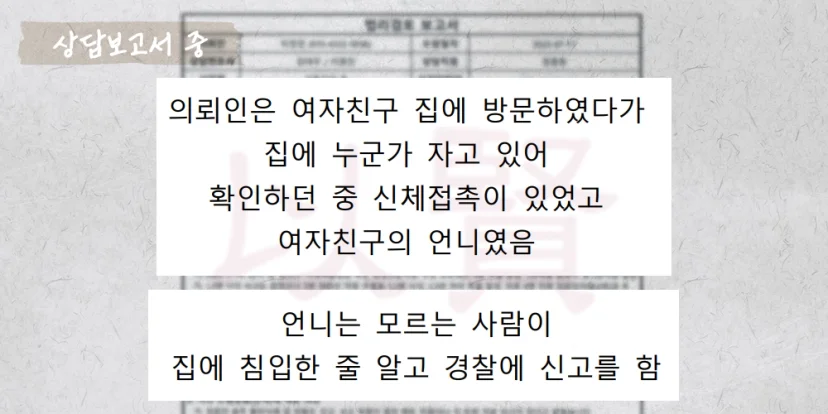 오해로 생긴 주거침입과 강제추행 혐의 상담보고서 중