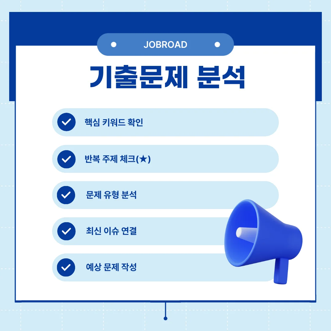 “기출문제를 분석해 출제 경향을 파악하는 방법, 키워드 확인과 반복 주제 체크, 문제 유형 분석, 최신 이슈 연결, 예상 문제 작성 단계 표시”