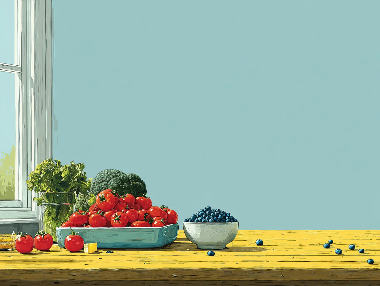 토마토, 블루베리, 브로콜리가 올려진 식탁