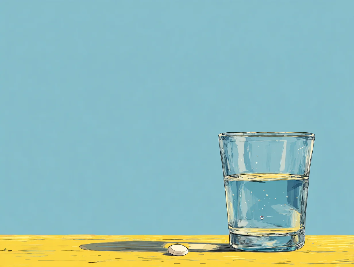 물컵 옆 작은 알약 한 알이 놓인 모습