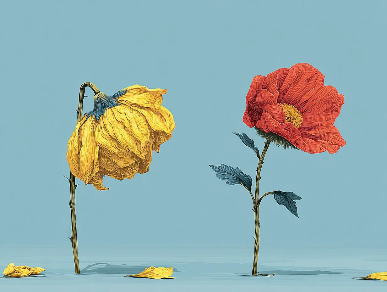 시든 꽃잎과 활짝 핀 꽃잎이 나란히 놓인 모습