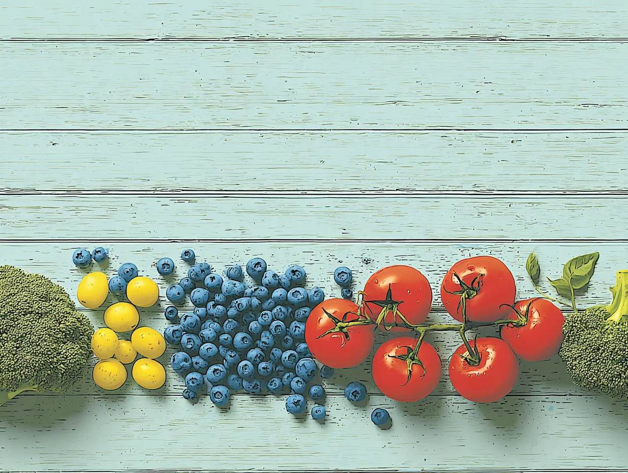 블루베리, 토마토, 브로콜리가 놓인 식탁