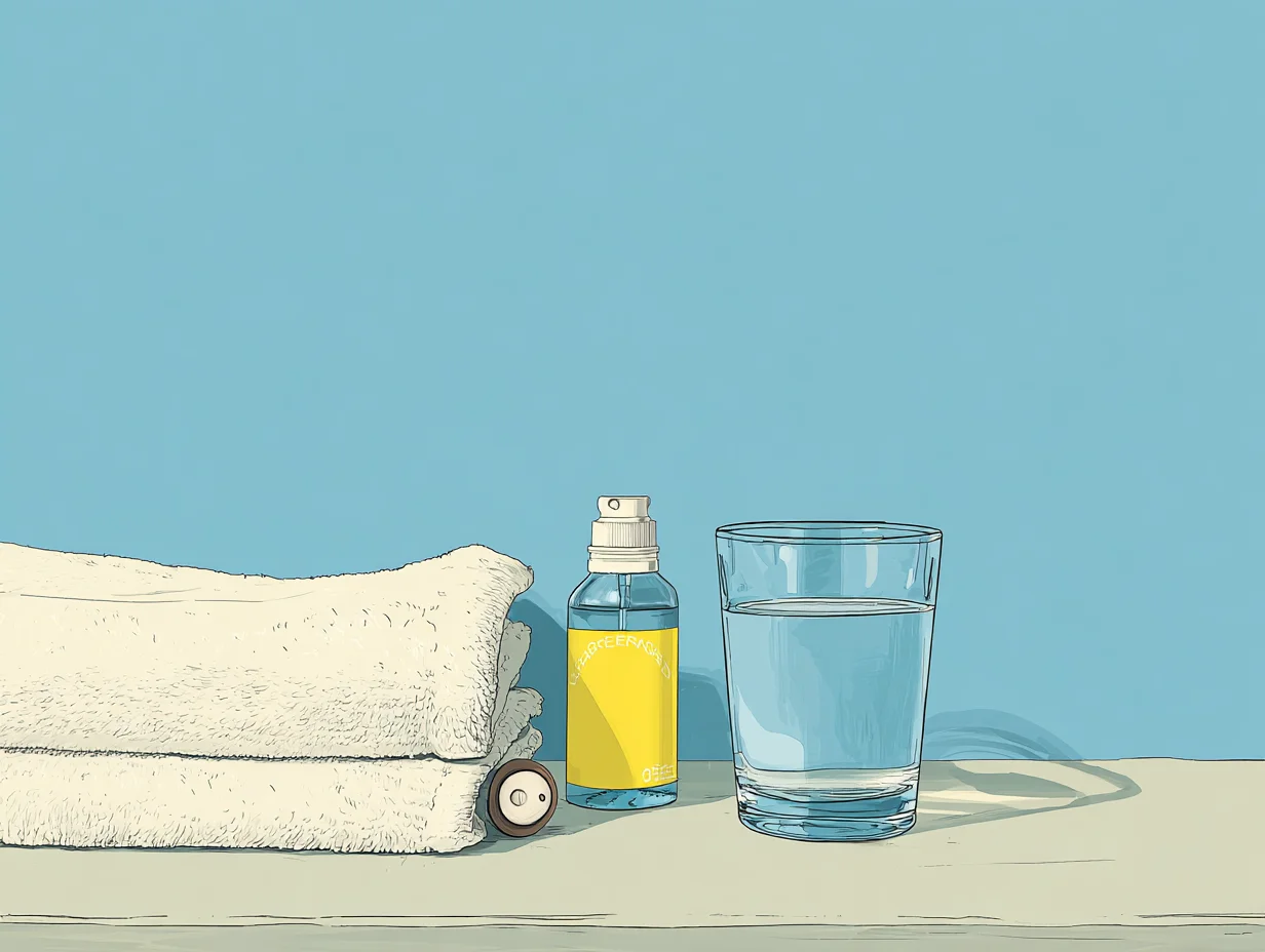 수건과 물컵 옆에 놓인 생리식염수 스프레이