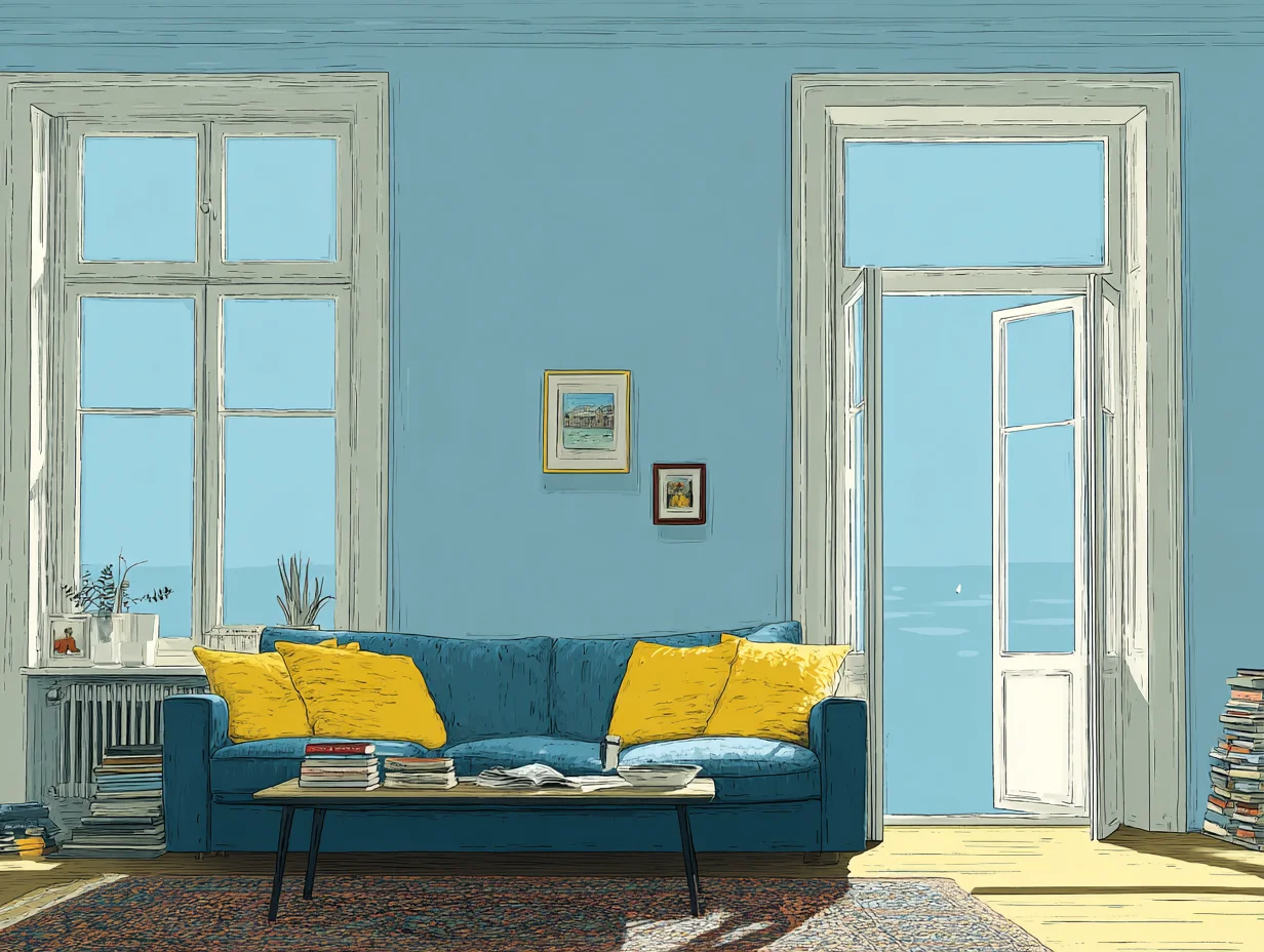 창문을 활짝 열어 환기하는 밝은 거실