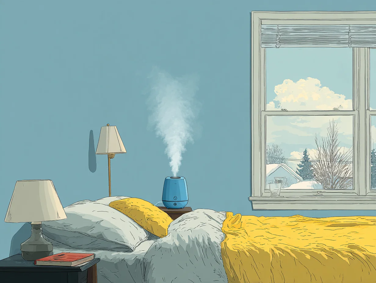 침실에서 작동 중인 가습기와 포근한 이불