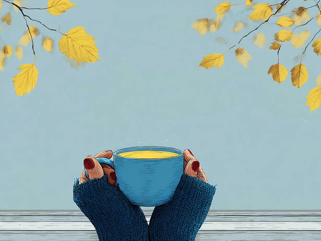 창밖 단풍을 보며 따뜻한 차를 마시는 사람