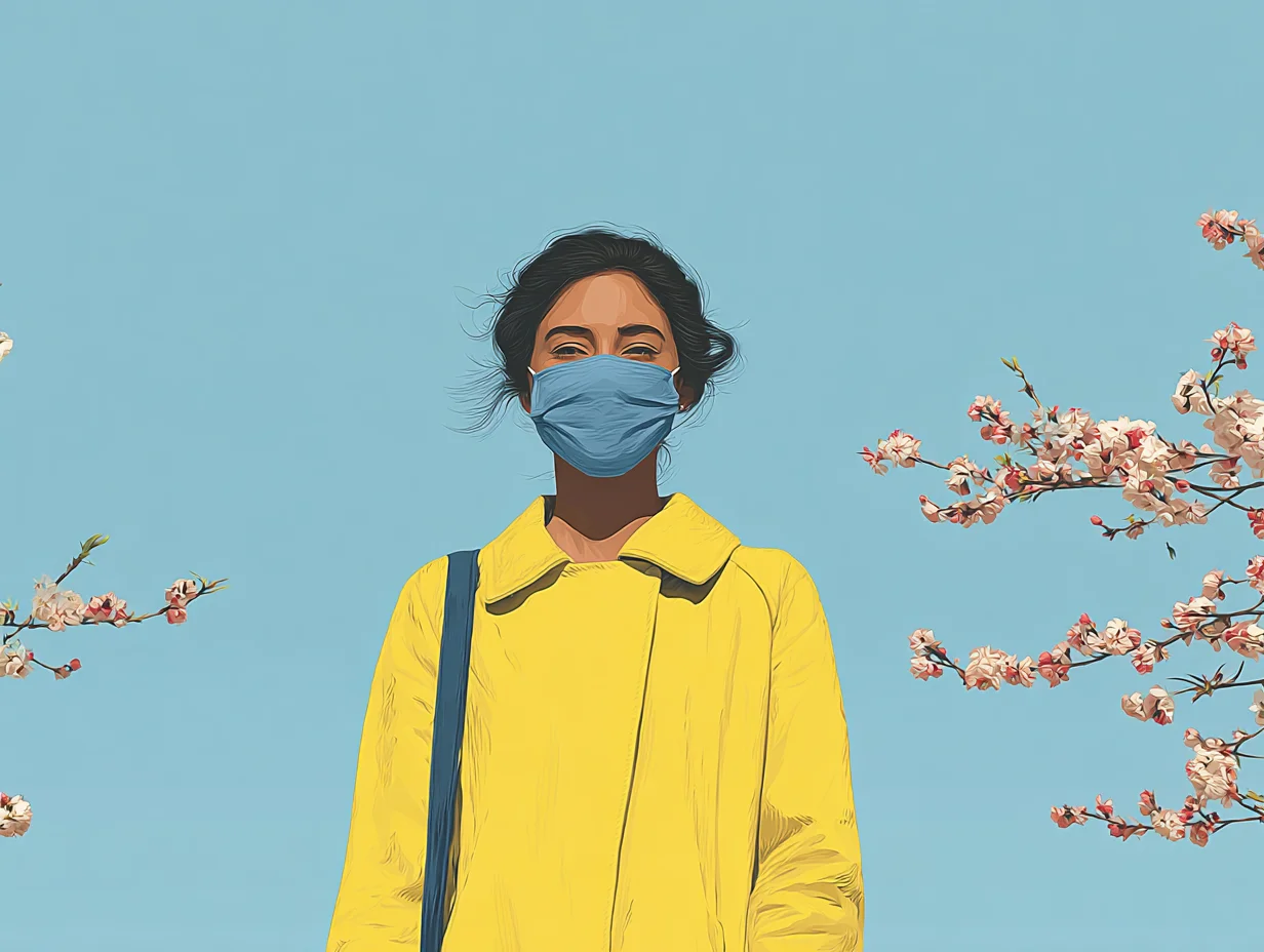 벚꽃 아래 마스크 착용한 여성