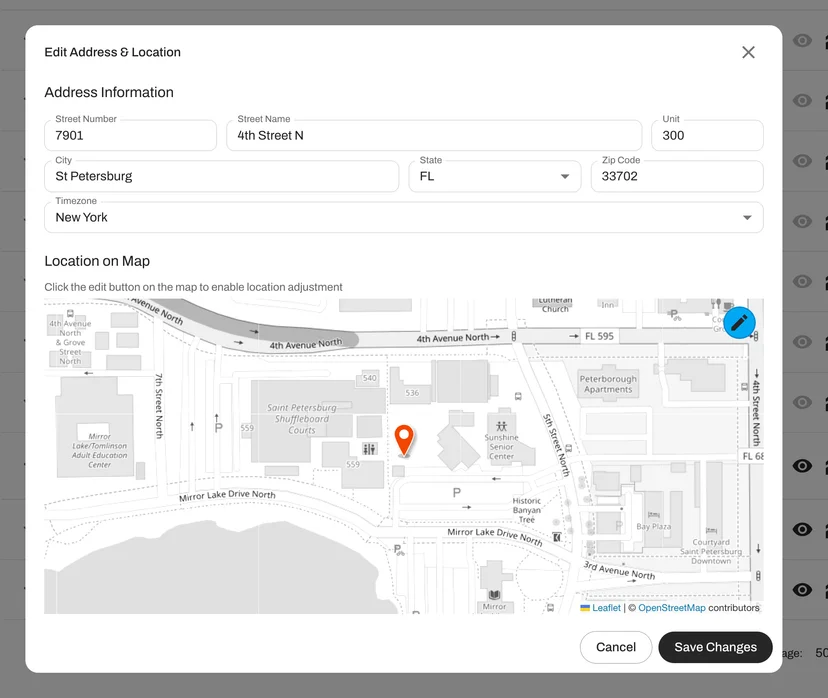 Edit addresses, timezones, and map coordinates for all properties directly within the platform