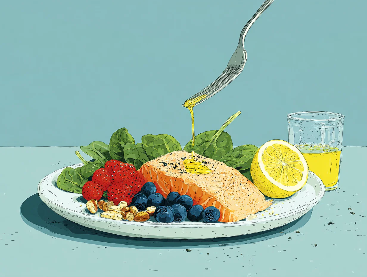 연어, 올리브오일, 시금치, 블루베리, 견과류가 담긴 건강한 식단 접시