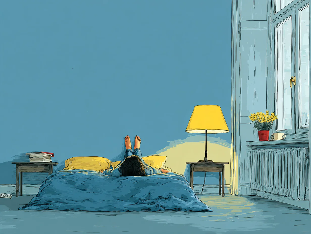 따뜻한 조명 아래 벽에 다리를 올리고 누워 있는 여성의 모습