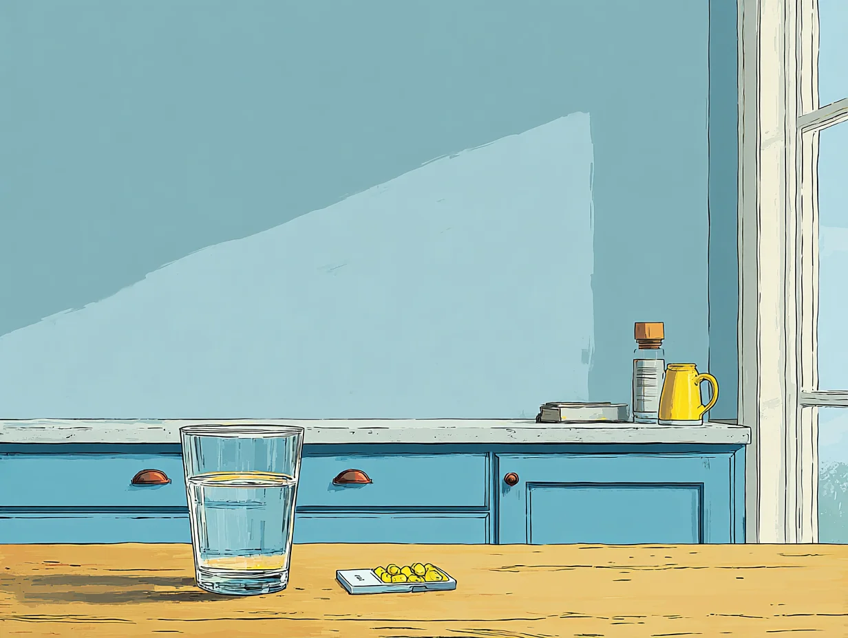 아침 햇살이 드는 주방 테이블 위에 놓인 물컵과 작은 영양제 케이스