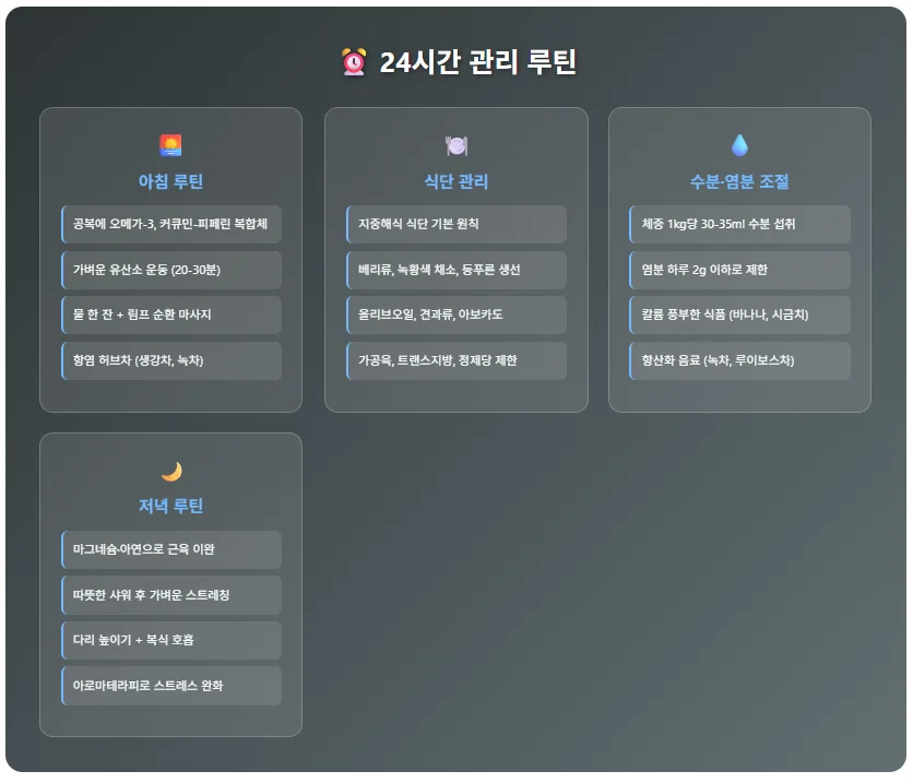 아침 루틴, 식단 관리, 수분-염분 조절, 저녁루틴