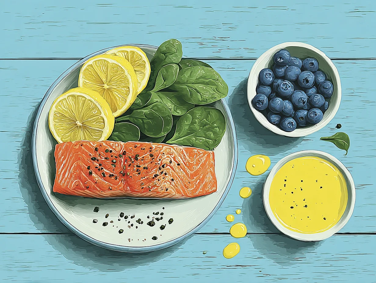 연어, 시금치, 블루베리, 올리브오일이 담긴 접시