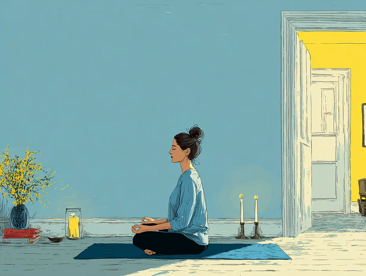 따뜻한 조명 속 요가 매트에서 명상하는 여성