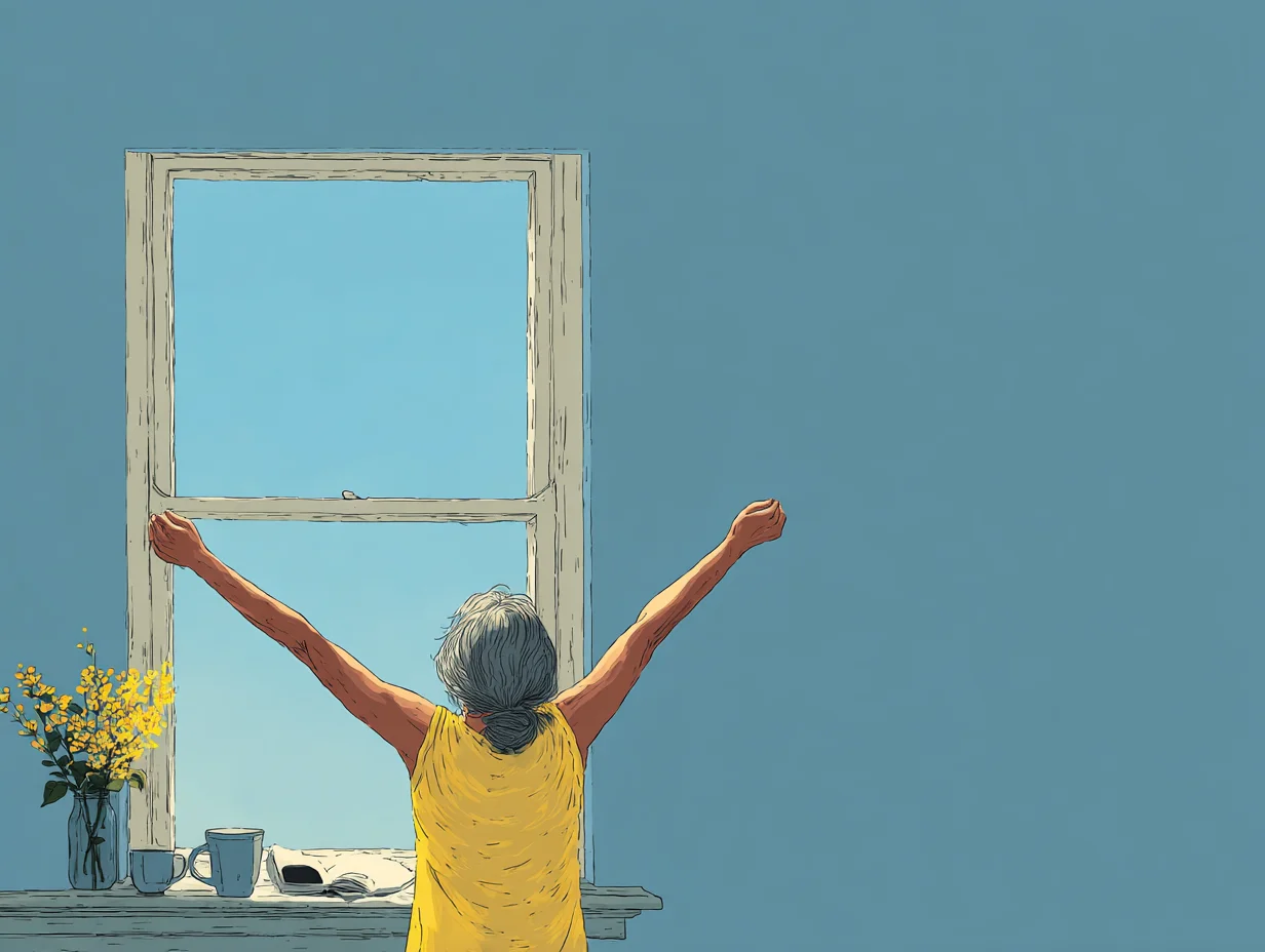 창가에서 아침 햇살을 받으며 기지개 켜는 여성