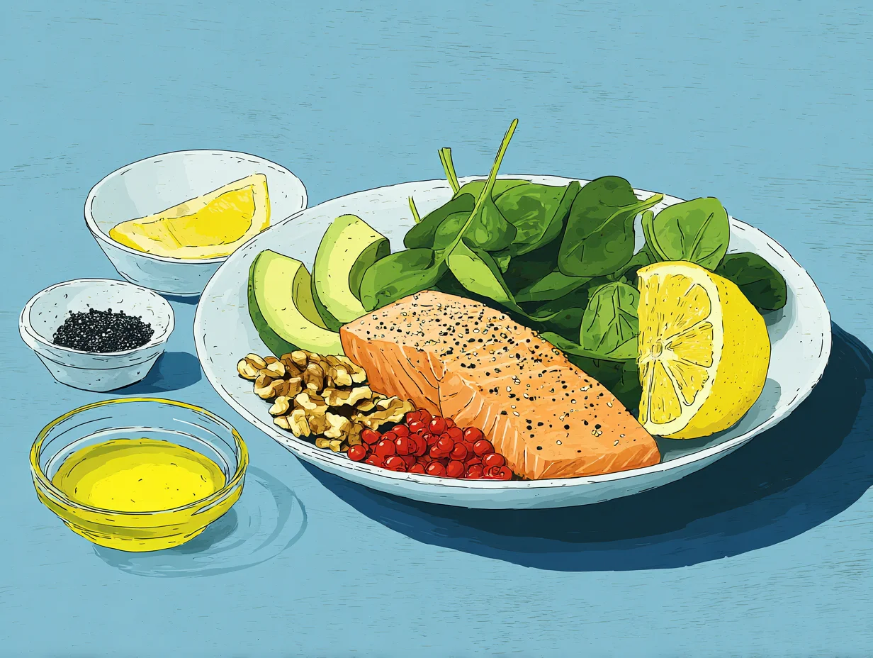 연어, 아보카도, 시금치, 견과류가 담긴 건강 식단