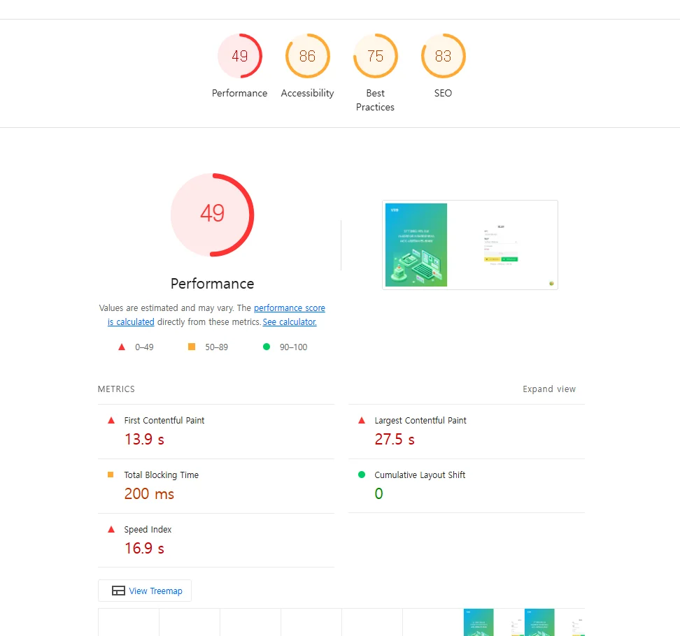 구글 웹 성능 측정 도구 Lighthouse의 결과