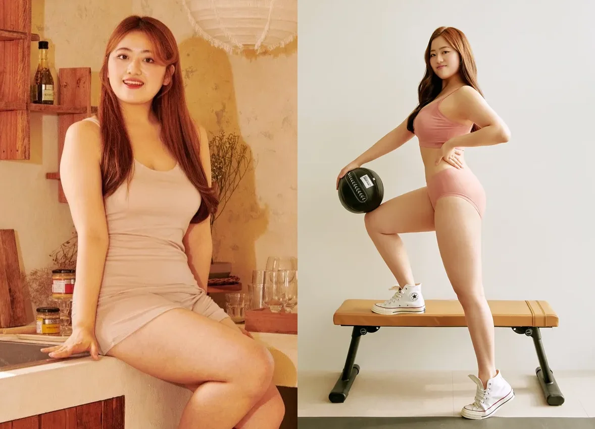 애슬레저 웨어를 입고 운동 소품과 함께 서 있는 스포트라이트 플러스 사이즈 모델 김혜미