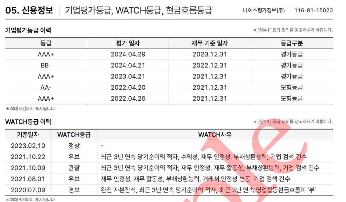 나이스비즈인포 상세 보고서 샘플(신용등급정보)