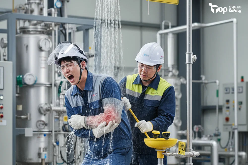 평택 화학공장 비상샤워기 즉시 사용으로 10초 내 세척, 경미 화상으로 마무리된 실제 사고 대응