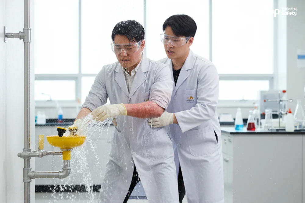 대학교 화학실험실에서 수산화나트륨 노출 후 8초 내 비상샤워·눈세척 도달, 15분 세척으로 피해 최소화