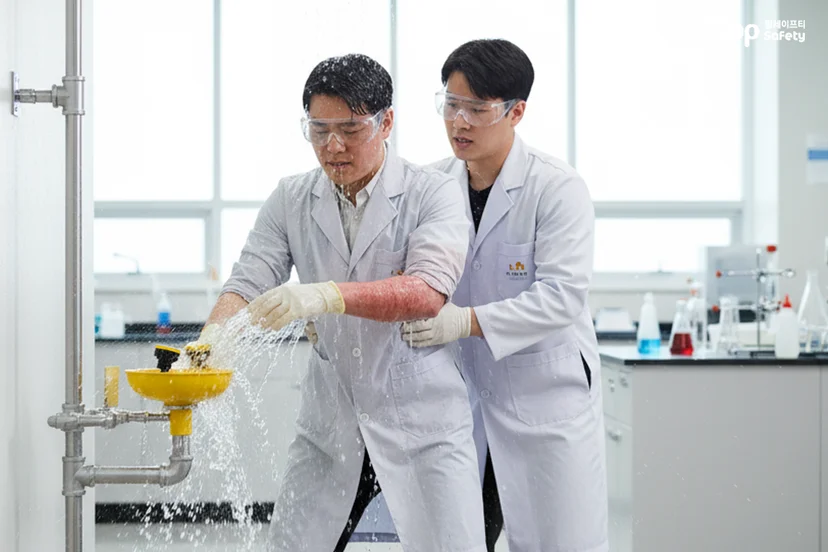 대학교 화학실험실에서 수산화나트륨 노출 후 8초 내 비상샤워·눈세척 도달, 15분 세척으로 피해 최소화