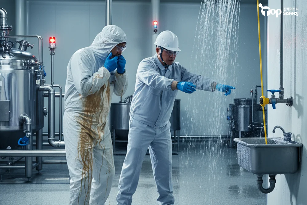 식품 원료 혼합 라인 파열 사고, 3m 인접 비상샤워기로 10초 내 세척해 생산중단 최소화
