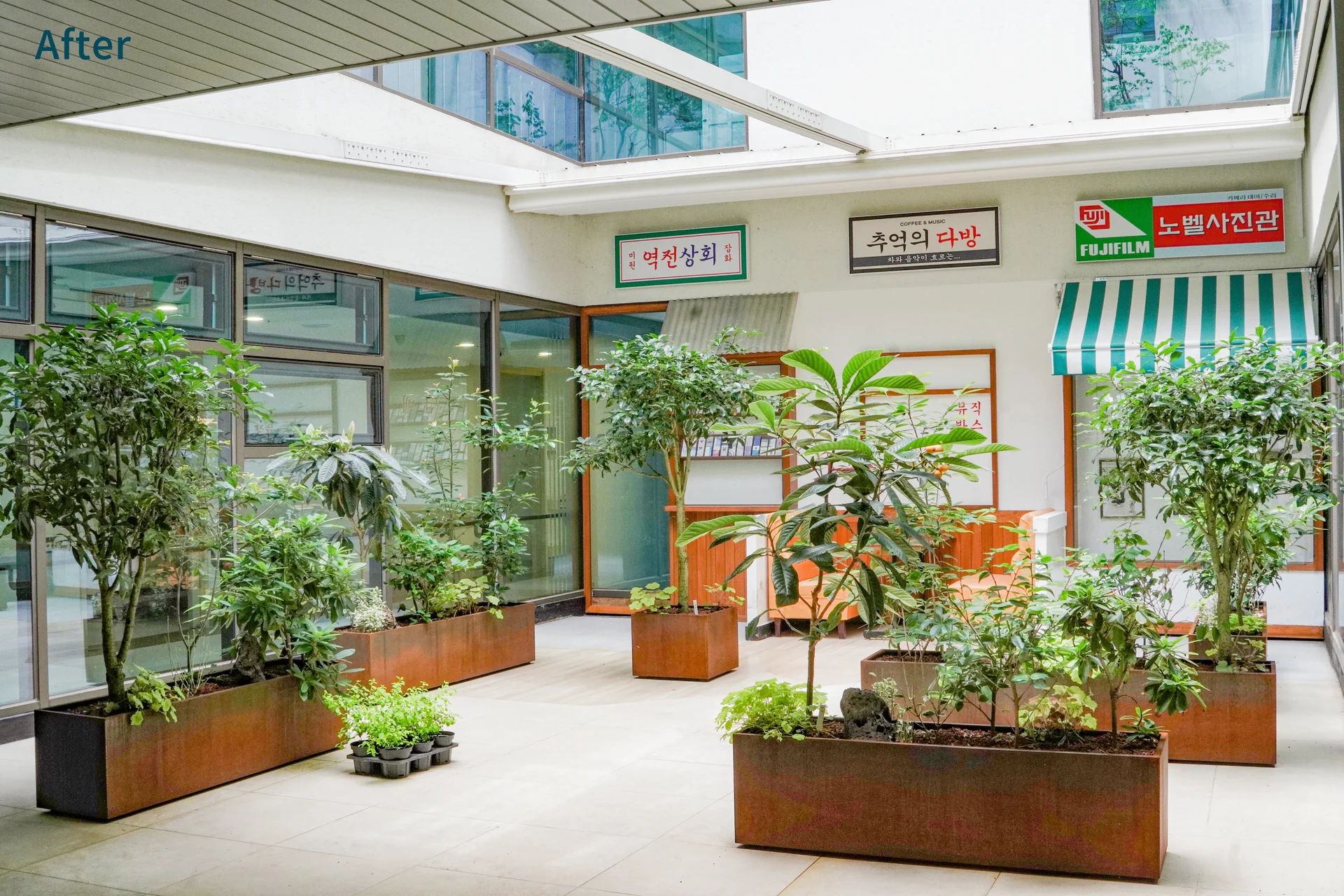 코르텐 강 플랜트박스가 시간이 지나 붉게 변색되었다.