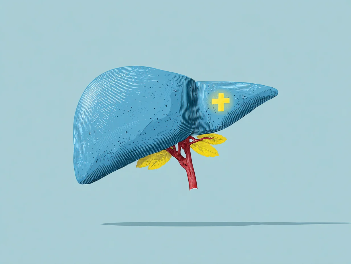 황금빛으로 빛나는 간 이미지를 통해 해독과 보호 기능을 표현한 일러스트